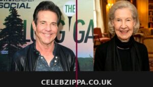 Dennis Quaid and his mother in a side-by-side photo with a deep wine divider