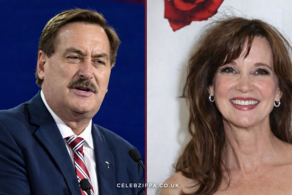 Mike Lindell speaking at an event next to a portrait of his wife in a side-by-side image collage