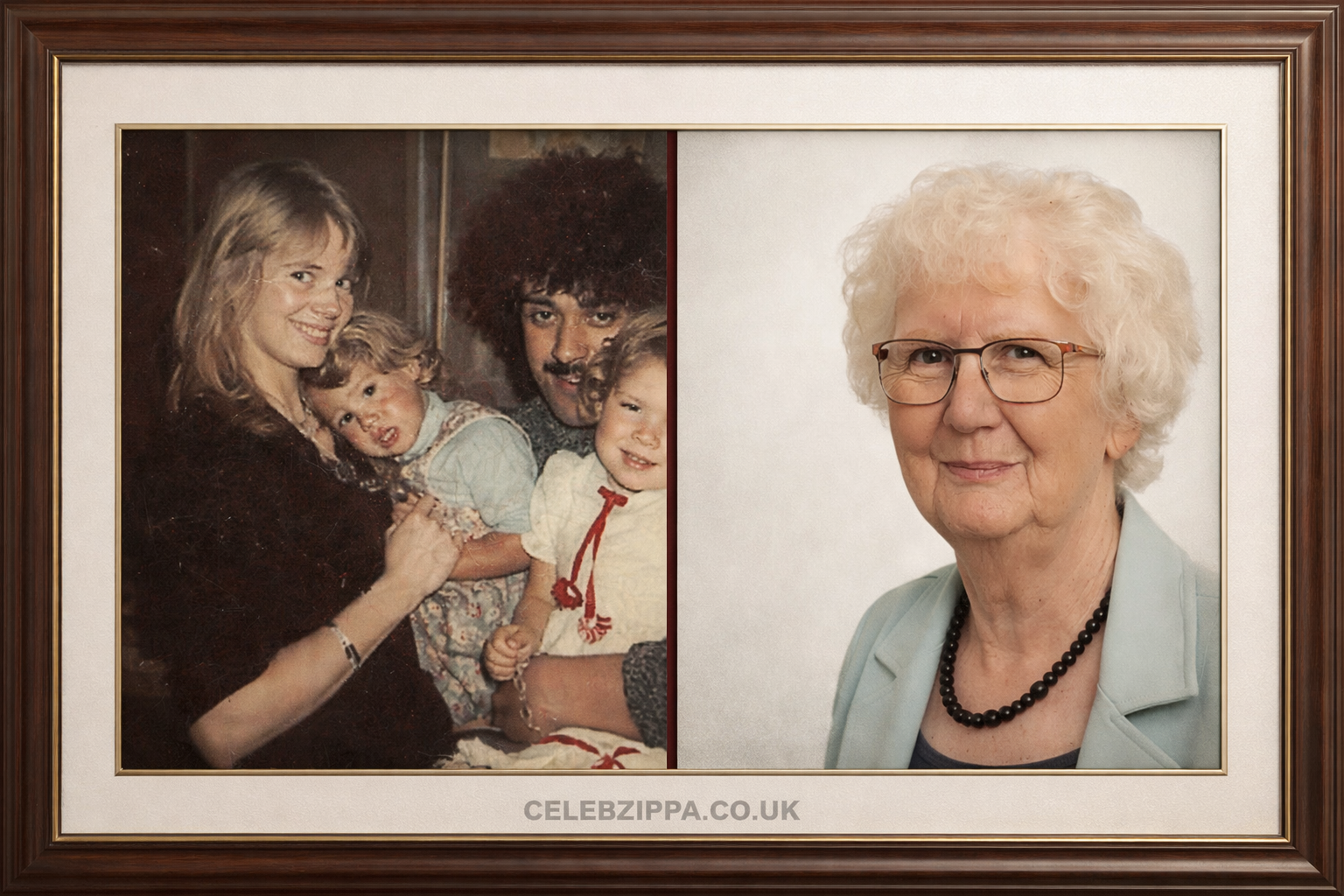Caroline Crowther family photo alongside her later life portrait in a framed collage